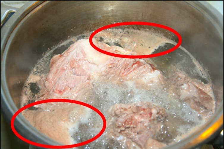 Make sure to remove these stuff when boiling the meat before adding it to the soup.